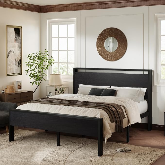 Allewie Queen Size Bed Frame, Heavy Duty 12 Metal Slats Support, Black Oak | Wooden Headboard and Footboard, Modern Platform Bed, No Box Spring Needed, Under-Bed Storage, Noise Free, Easy Assembly