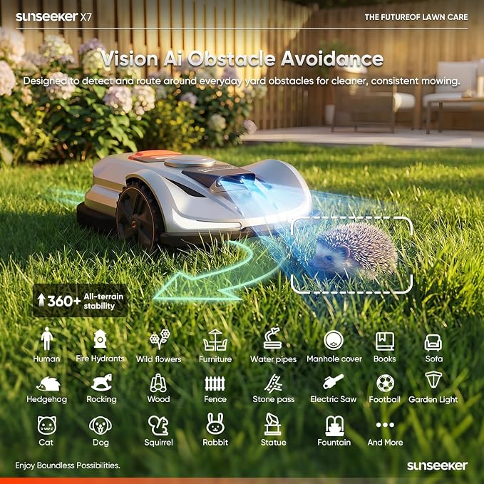 Sunseeker X7 AWD Robot Lawn Mower, RTK, Vision AI, 0.75 Acre, Wire-Free | Flagship AWD mowing for homeowners with large, challenging yards, steep slopes and uneven terrain.