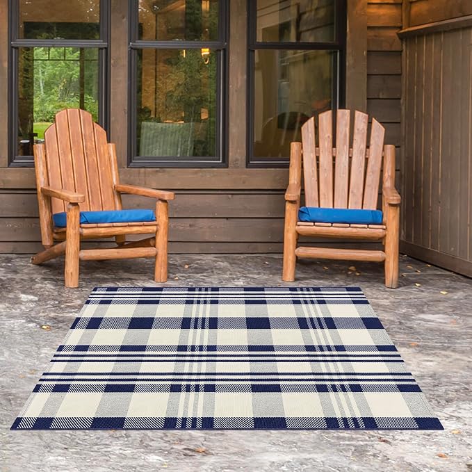 Buffalo Plaid Rug 3x5 Cotton Woven Buffalo Check Rug Navy and Off White Front Porch Doormat Checkered Outdoor Washable Indoor Outdoor Area Rug Layered Door Mats Carpet for Entryway Kitchen Farmhouse