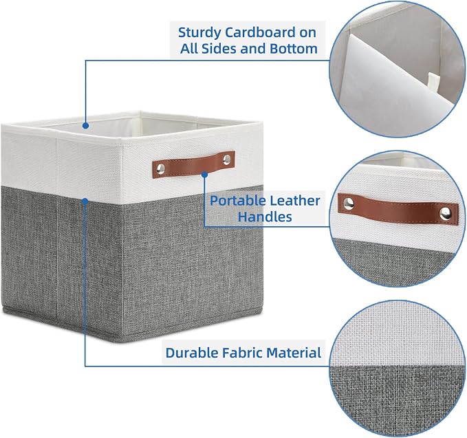 Temary Cube Storage Bins 4 Pack Storage Cubes 11?11 Fabric Storage Bins Foldable Cube Storage Baskets with Handles, Collapsible Storage Basket for Shelf (White & Grey, 11 x 11 x 11)