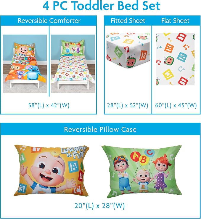 CoComelon Learning is Fun 4 Piece Toddler Bedding Set – Includes Comforter, Sheet Set – Fitted + Top Sheet + Reversible Pillowcase for Boys and Girls Bed, Letters and Music Design, Orange