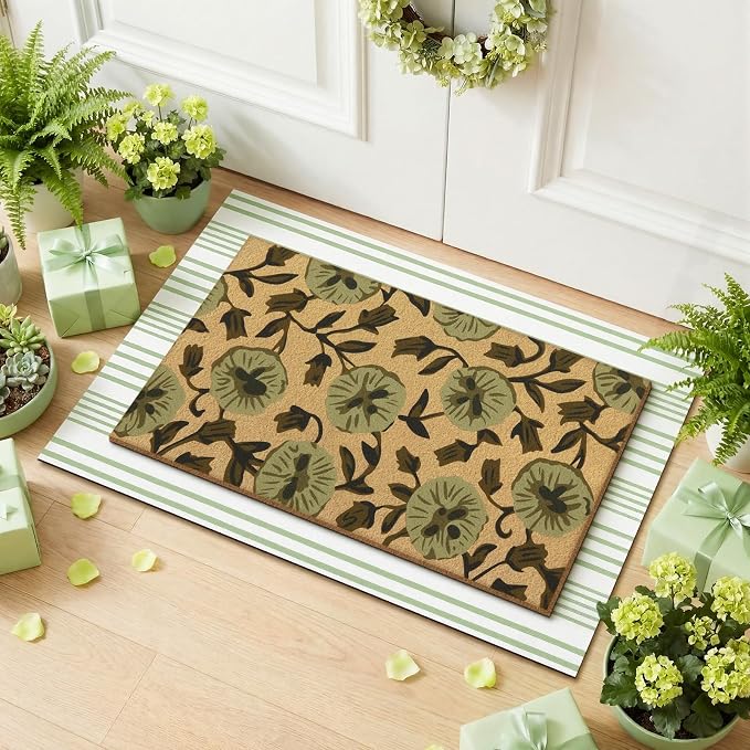 Tinideya 2 Pcs Floral Door Mat Flower Welcome Non Slip Coir Mats Floor Layering Green and White Stripe Summer Doormats Seasonal for Front Porch Entryway Decor(Floral)