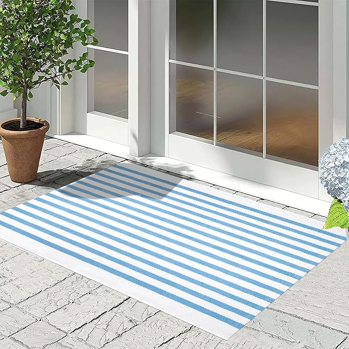 Front Outdoor Door Mat 2'x3',Light Blue Striped Outdoor Rug Machine Washable Cotton Layered Door Mat Entryway Throw Rug for Indoor Entrance