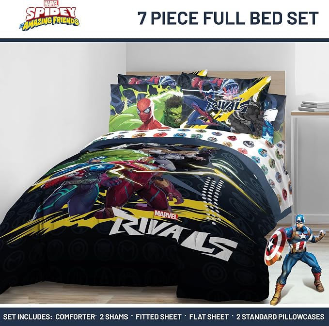 Marvel Rivals Full Size Comforter Set 7 Piece Superhero Bedding, Multi | Avengers, Comforter Sheets Shams Pillowcases, Official Product, Soft Microfiber, Machine Washable, Boys Gift