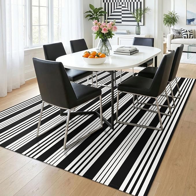 KOZYFLY Black White Rug 5x7 ft Area Rug Woven Washable Striped Rugs Cotton Farmhouse Indoor Outdoor Rugs for Living Room Bedroom Entryway Porch Patio Carpet