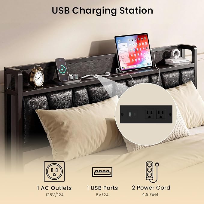 LIKIMIO Full Size Bed Frame, PU Leather Storage Headboard with Charging Station, Solid and Stable, Noise Free, No Box Spring Needed, Easy Assembly, Black