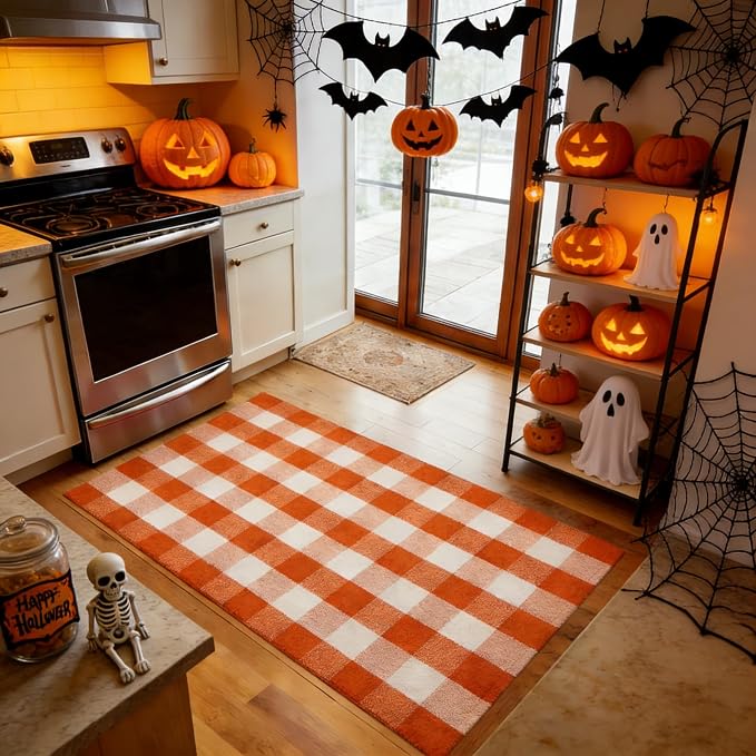 Halloween Orange and White Buffalo Plaid Rug,3'x5' Indoor Outdoor Washable Rug, Spooky Accent Mat for Halloween Indoor Outdoor Decor, Porch, Living Room, Entryway, Patio