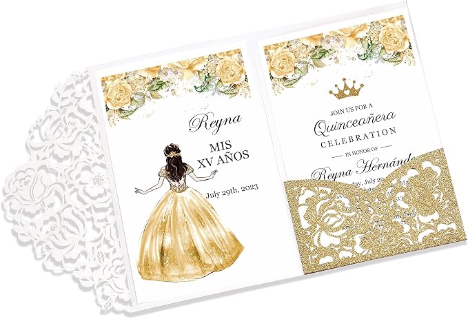 DORIS HOME 50Pcs Personalized Laser Cut Quinceanera Invitations, Gold | 4.7"x7.1", Glitter, Customized Quince Invitations, For 15th Birthday, Sweet 16, With Envelopes