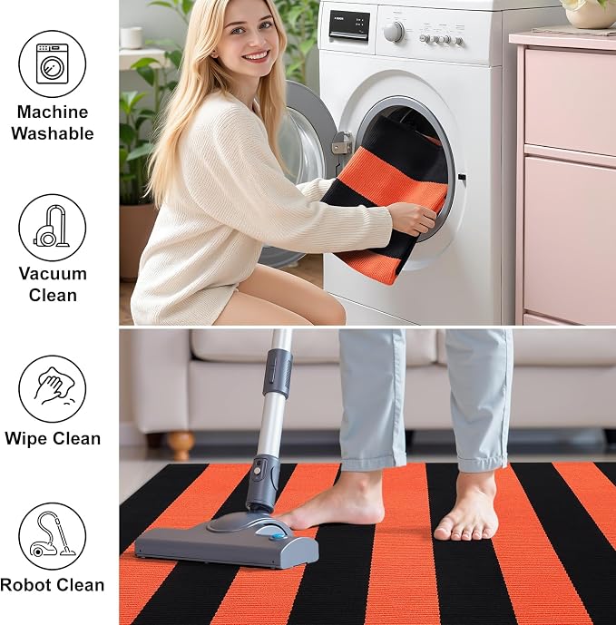 OLANLY Orange and Black Striped Rug 3' x 5' | Washable Cotton Indoor Outdoor Doormat for Front Door, Entryway, Kitchen, Porch, Patio Decor