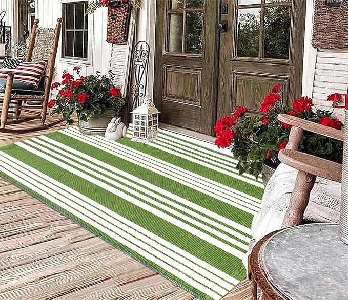 BUAGETUP Green and White Outdoor Rug 3'x 5' Cotton Woven Washable Rug Striped Front Porch RugIndoor/Outdoor Area Rug Floor Mat for Farmhouse/Layered Door Mats/Living Room