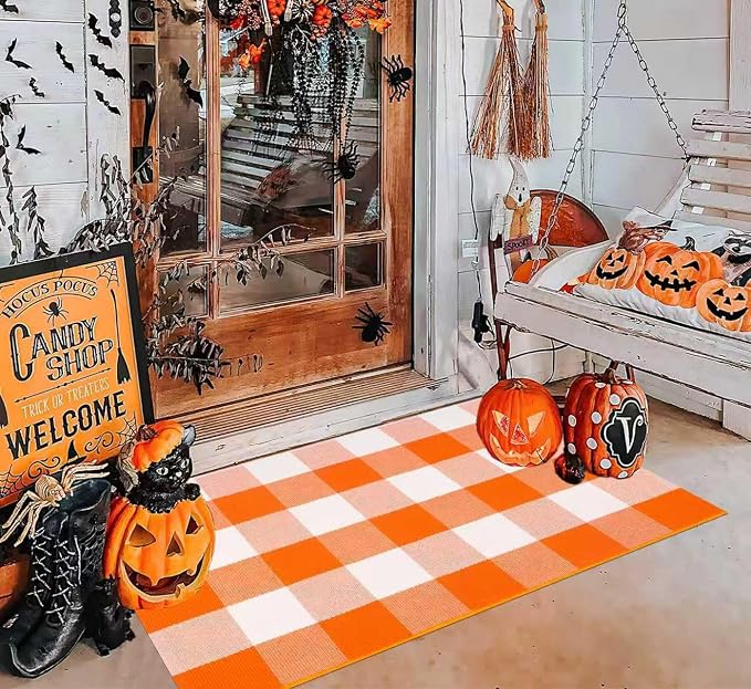 Cotton Buffalo Plaid Outdoor Rug 24'' x 35'' Orange and White Layered Doormat,Halloween Front Door Mat Outdoor,Farmhoue Woven Washable Checkered Rug for Porch, Entryway, Farmhouse, Autumn, Halloween