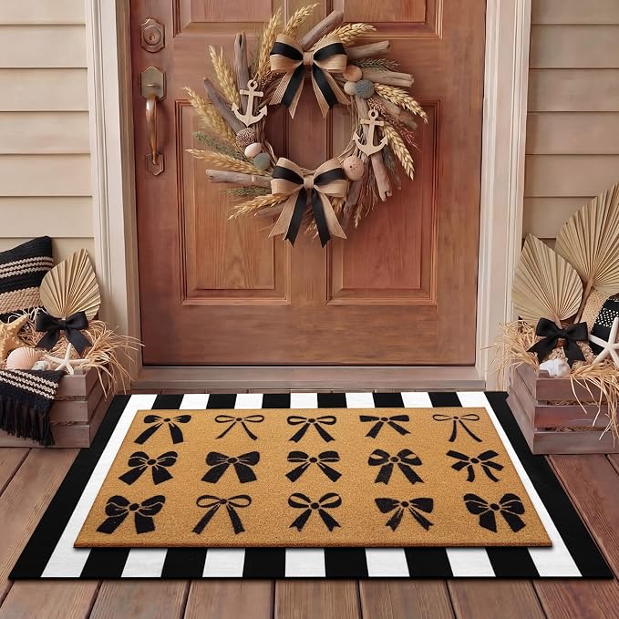 Tinideya 2 Pcs Door Mat Welcome Non Slip Coir Mats Floor Layering Doormats Seasonal for Front Porch Entryway Decor(Christmas Bows)