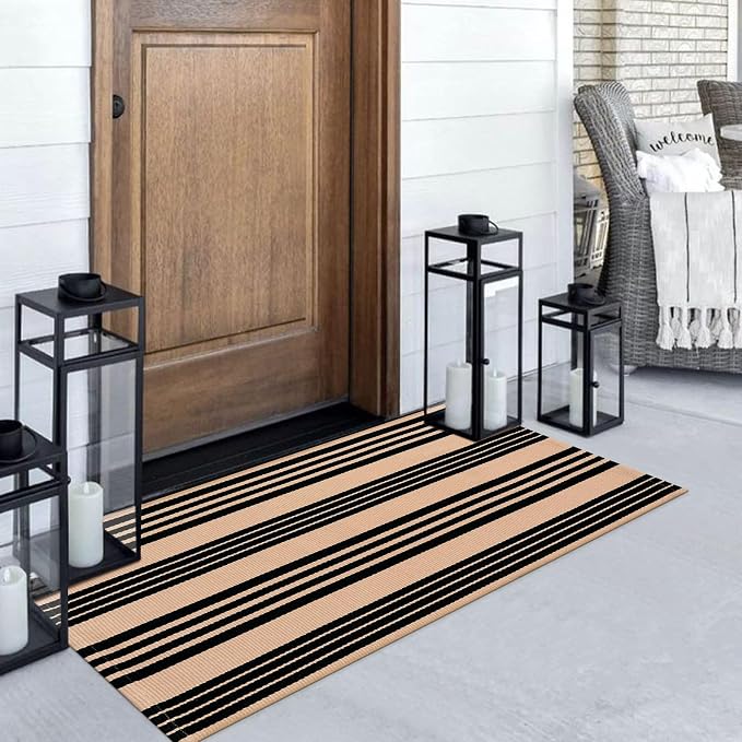 LEEVAN 2'X4.3' Black and Tan Striped Woven Cotton Reversible Outdoor Rug | Small Machine Washable Front Porch Rug, Entryway Door Mat, Indoor Layering Carpet for Farmhouse Bathroom Laundry