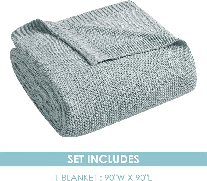 INK+IVY Bree Knit All Season Blanket for Summer, Full/Queen, Light Blue | Ultra Soft, Acrylic, Breathable Fabric for Bed or Couch, Lightweight, OEKO-TEX Certified