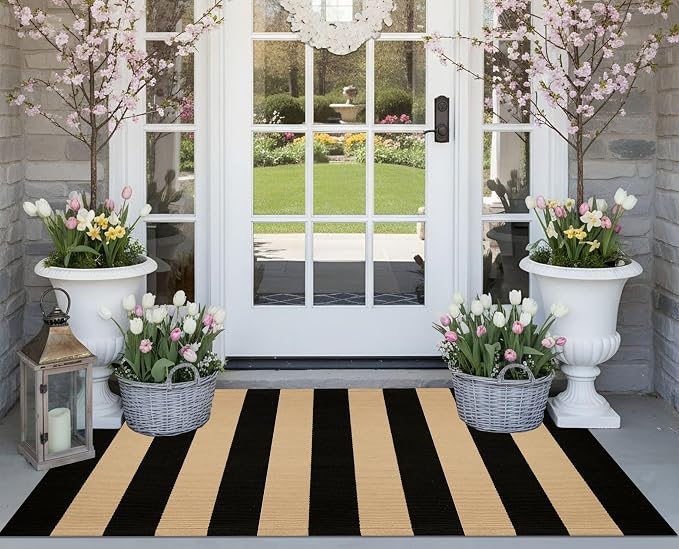 Front Porch Rug 24"x51",Black and Tan Striped Outdoor Rug Cotton Woven Washable Indoor Outdoor Doormat Farmhouse Small Area Rug for Porch/Entryway/Home Entrance Decor