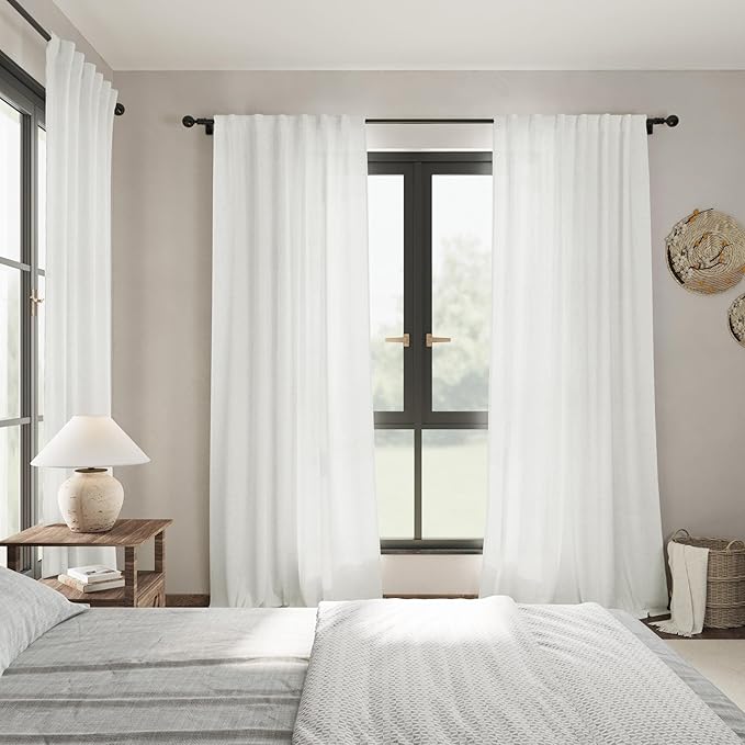 Extra Long Off White Curtain 108 inches Long 2 Panels Set for Living Room Back Tab Modern Farmhouse Coastal Decor Cotton White Sheer Linen Curtains 108 inch Length for Large Window 9 FT Tall