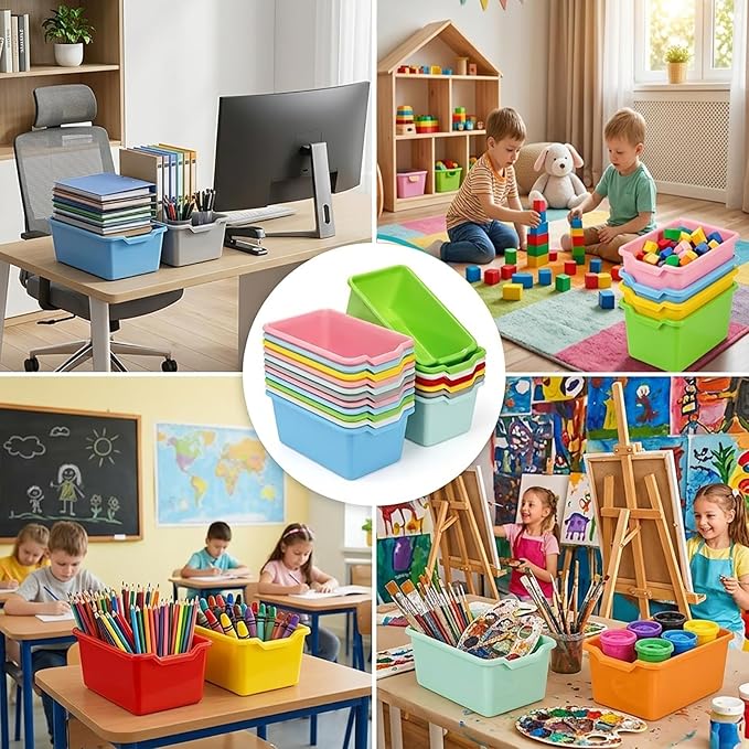 WUWEOT 16 Pack Cubby Bins Classroom Toys Bins, Plastic Books Storage Bins, Easy-to-Grip Stackable Crafts Organizer for Classroom, Nursery, Playrooms And Home Organization