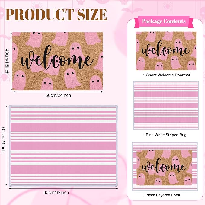 2 Pcs Pink Ghost Halloween Welcome Doormats, 16 x 24 in Welcome Ghost Door Mat and 24 x 32 in Pink White Striped Layering Rug, Cute Fall Porch Decor for Entryway Patio Kitchen Bathroom Floor