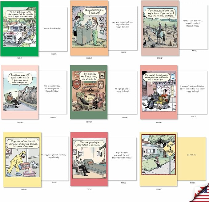 NobleWorks - 36 Assorted Funny Birthday Greeting Cards Bulk Box Set w/Envelopes (36 Designs, 1 Each) engaging B-day Cartoon Humor Bulk Variety Pack for Men and Women - A Bizarro Bash AC9376BDG-B1x36