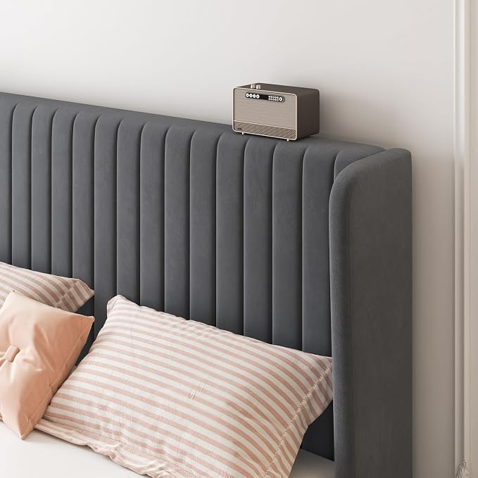 SHA CERLIN Full Size Velvet Bed Frame, Tufted Wingback Headboard, Grey | 47'' Modern Vertical Channel Headboard, Upholstered Platform Bed, Wood Slats, No Box Spring Needed, Easy Assembly, Noise Free