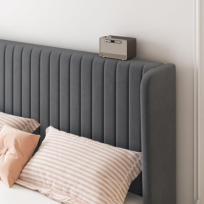 SHA CERLIN Queen Size Velvet Bed Frame, Tufted Wingback Headboard, Grey | 47'' Modern Vertical Channel Headboard, Upholstered Platform Bed, Wood Slats, No Box Spring Needed, Easy Assembly, Noise Free