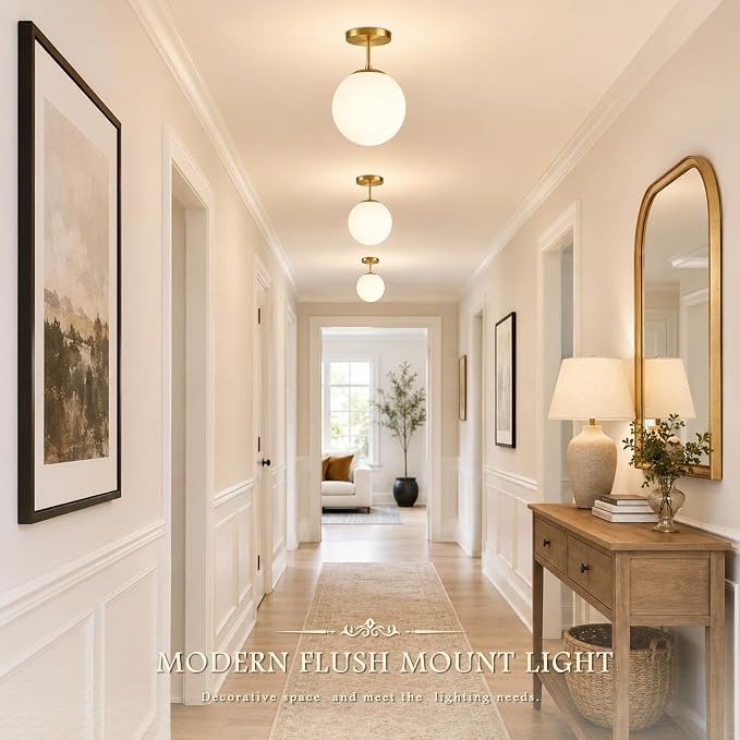 Globe Semi Flush Mount Ceiling Light Fixture Globe Ceiling Light Milk Glass Matte Gold Finish Contemporary Mid Century Modern Lighting for Hallway Living Room Kitchen Bedroom Storage(Bulb Included)