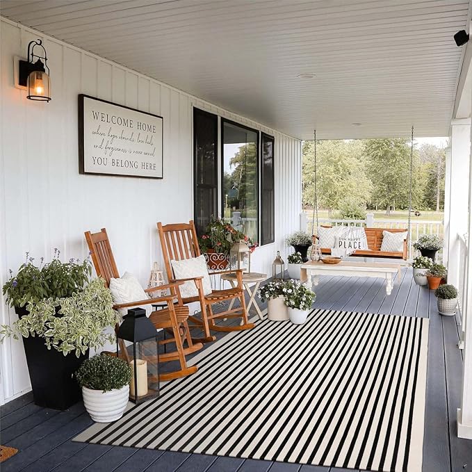 Collive Black and White Outdoor Rug 4'x 6', Patio Rug Washable Living Room Rug, Farmhouse Fall Cotton Woven Area Rug Layered Welcome Doormat Floor Carpet for Front Door Bedroom