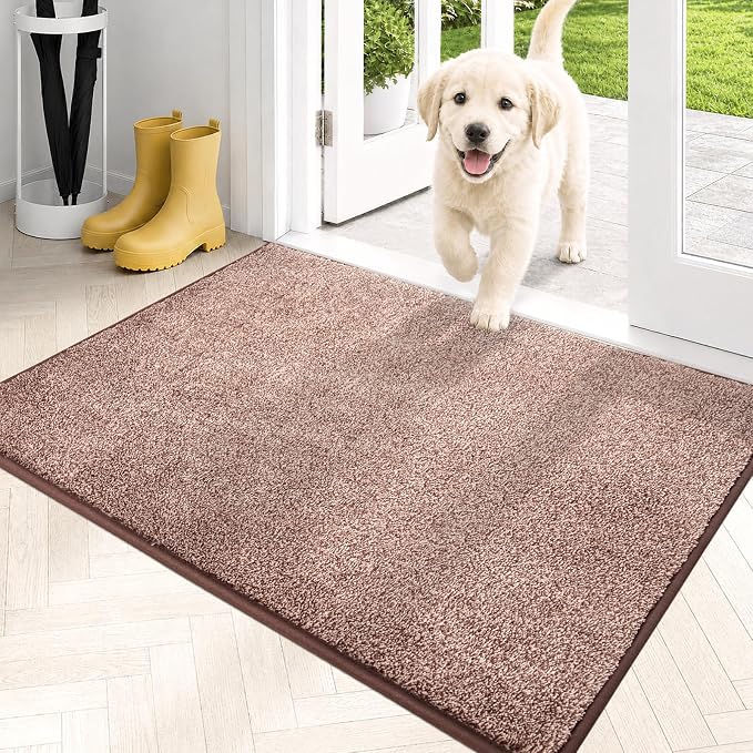PURRUGS Dirt Trapping Door Mat 24" x 35.5", Non-Slip Machine Washable Entryway Rug, Dog Doormat, Indoor Front Door Mat, Super Absorbent Entry Rug for Muddy Shoes & Paws, Brown-Light Cream