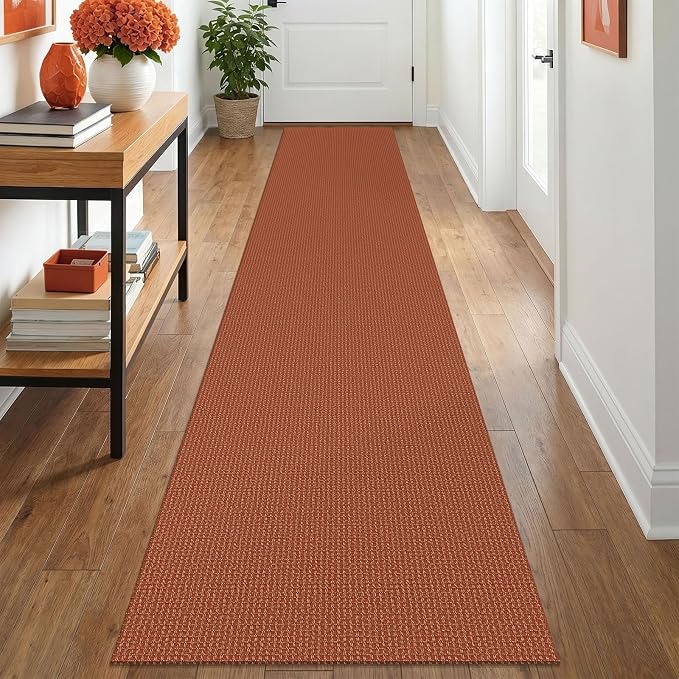 IOHOUZE Washable Runner Rug 2x12 Non Slip Rubber Backed Extra Long Hallway Runner Entryway Runner Indoor, Kitchen Rugs Woven Cotton Floor Carpet for Hall Entrance, Burnt Orange/Tan