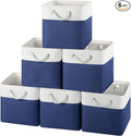 12x12 Inch Fabric Cube Storage Bins with Cotton Rope Handle 6-Pack | Top Support of Metal Frame, Bottom with Cardboard Support, Foldable Storage Bins for Closet, Bedroom, White Blue