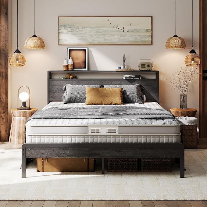 LIKIMIO Queen Bed Frame with 2-Tier Storage Shelf Headboard | Dark Wood Platform Bed, Camas Queen with Strong Metal Supports, Sturdy, Noise-Free, No Box Spring Needed, Grey