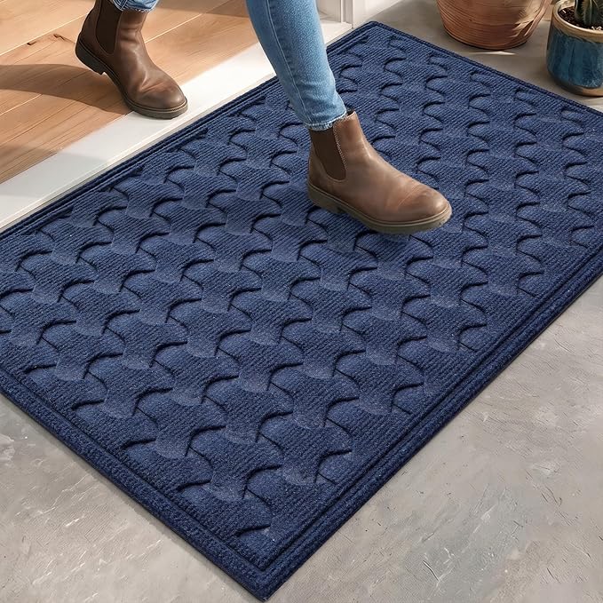 DEXI Front Door Mat Outside Entrance, 17x30 Heavy Duty Entry Doormat Dirt Trapper with Rubber Back, Non Slip Low Profile Floor Mats for Entryway Exterior Patio, Navy Blue