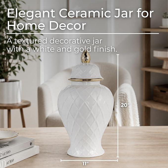 Decorative Ceramic Vase with Lid for Living Room and Home Decor - Elegant Flower Vase Accent for Room, Bedroom, or Office Display - Sculpted Table Accent for House Decoration - 20", White & Gold