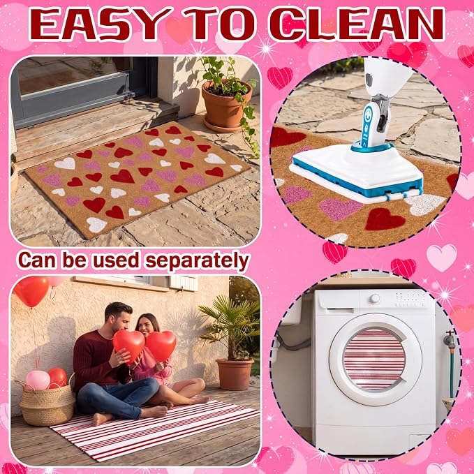 Moucuny 2 Pcs Valentine's Day Coir Welcome Doormat Outdoor Valentine's Day Rug Layered Red and White Stripe Mat Red Heart Mat for Front Porch Outdoor Entryway