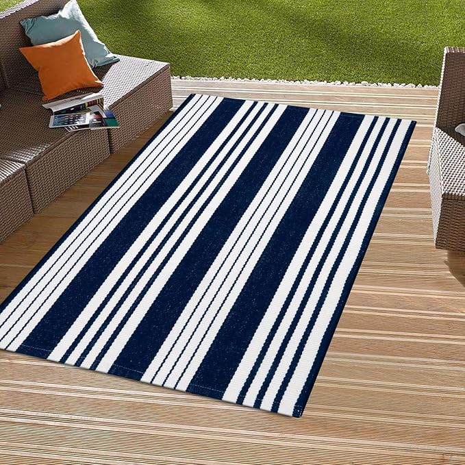 OJIA Blue & White Outdoor Rug 3'x5' Front Porch Rug Outdoor Mat Patio Decor | Cotton Woven Striped Patio Rug Machine Washable Indoor Outdoor Rugs Entry Layered Door Mats for Entryway/Front Door Entrance