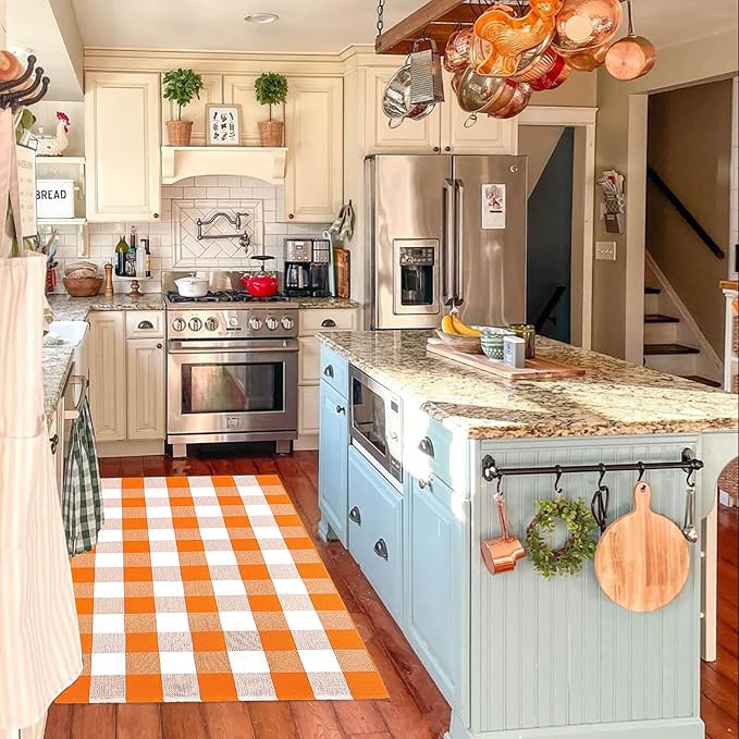 Bottalive Buffalo Plaid Outdoor Rugs, 3'x5' Orange and White Checkered Indoor/Outdoor Area Rug, Layering Rug for Hello/Welcome Door Mat, Washable Cotton Woven Farmhouse Mat for Fall Front Porch Décor
