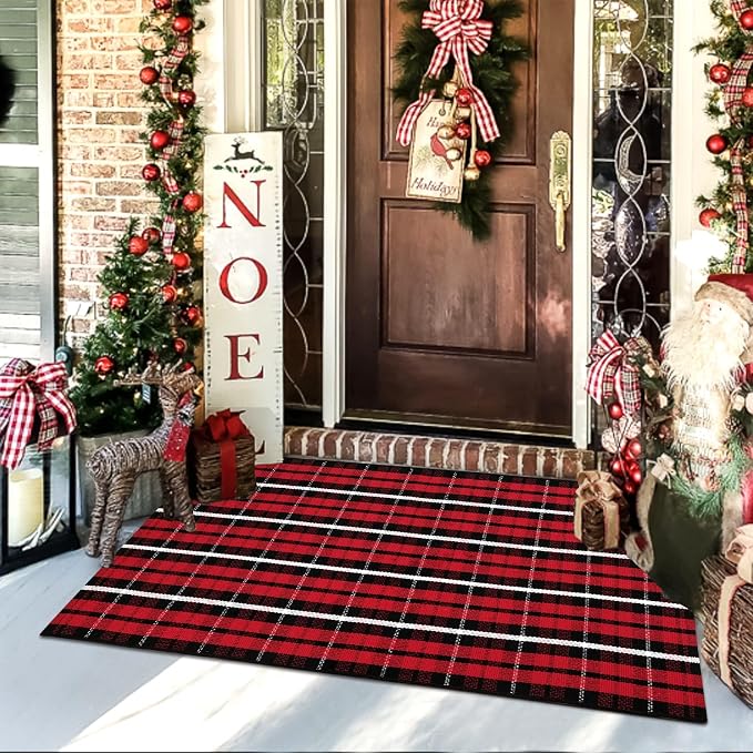 Christmas Front Door Mat Outdoor 2'X4.3' Red Plaid Porch Rug Welcome Mat | Buffalo Outdoor Rug Machine Washable Kitchen Rug Entryway Carpet Layered Door Mats Indoor Cotton Area Rug Runner for Bedroom