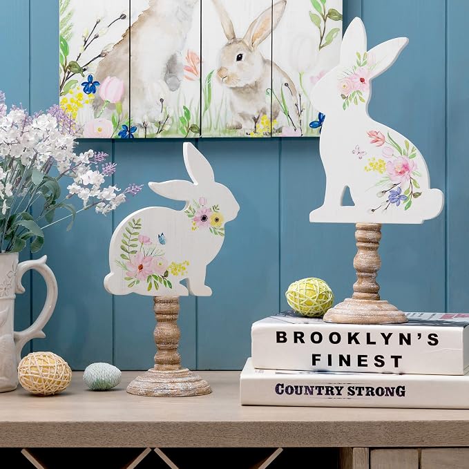 Glitzhome Set of 2 Hand Painted Easter Signs Wooden Bunny Table Decor, Multi-Color
