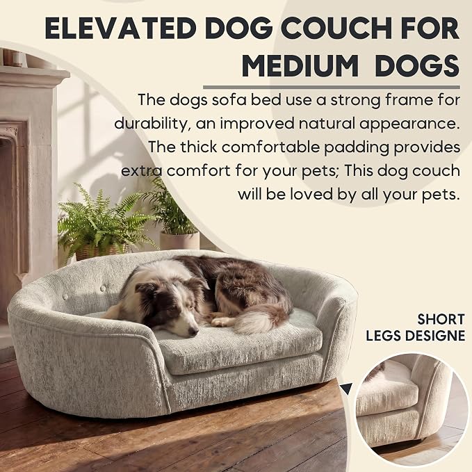 Dog Couch Bed with Oval Semi-Enclosed, Durable Linen Material Pet Sofa with Soft Foam Cushion, Dog Sofa Bed with Legs for Medium Dogs, Beige