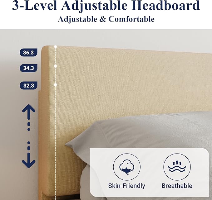Allewie Queen Size Upholstered Bed Frame Adjustable Headboard, Beige | Platform Bed with Heavy Duty Mattress Foundation, Noise-Free, Easy Assembly, Wood Slat Support, No Box Spring Needed