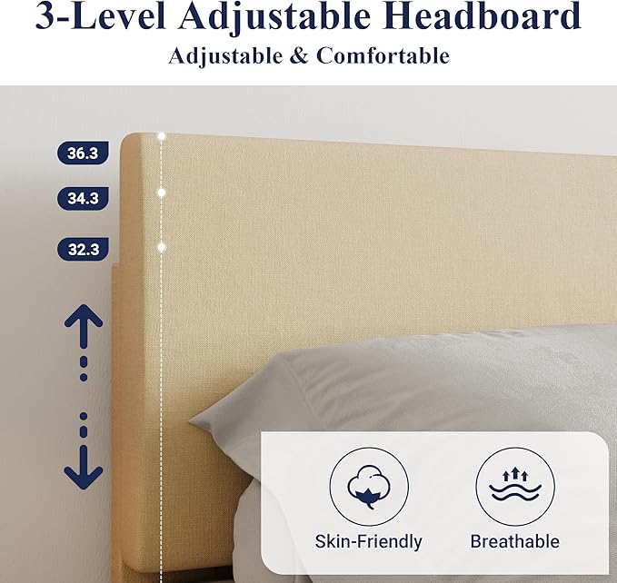 Allewie Full Size Upholstered Bed Frame Adjustable Headboard, Beige | Platform Bed with Heavy Duty Mattress Foundation, Noise-Free, Easy Assembly, Wood Slat Support, No Box Spring Needed
