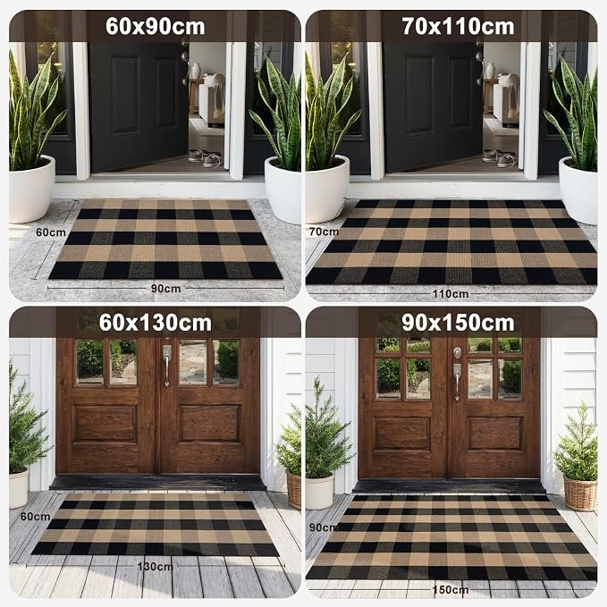 OJIA Buffalo Plaid Checkered Rug 27.5"x43" Fall Front Door Mat Welcome Mats | Washable Woven Front Porch Rug Outdoor Door Mat Welcome Mats Indoor Layered Doormats for Entryway Home Entrance Black/Tan