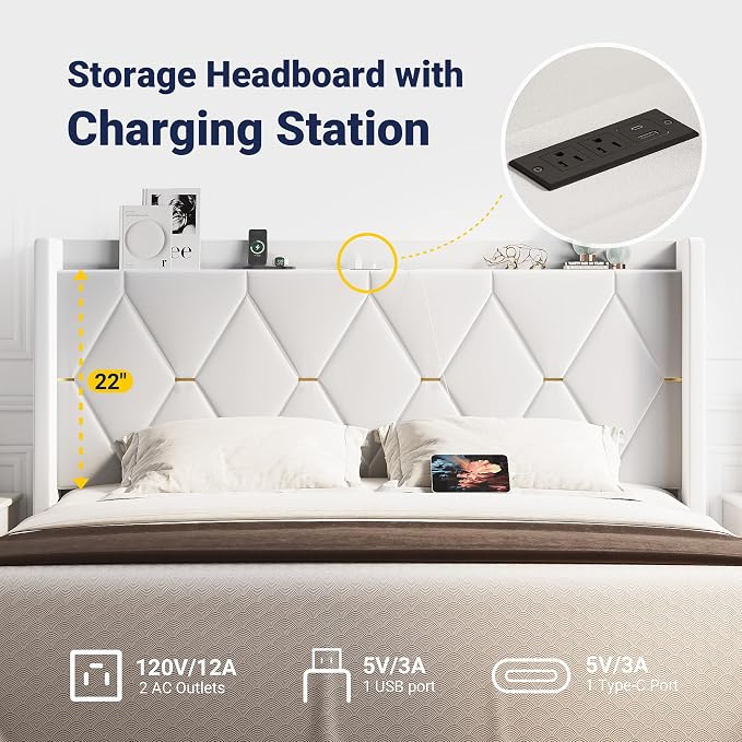 Allewie King Size Bed Frame with Storage Headboard & Charging Station | Diamond Tufted Design & Gold Trim, Velvet Upholstered Platform Bed, No Box Spring Needed, Easy Assembly, Noise-Free, White