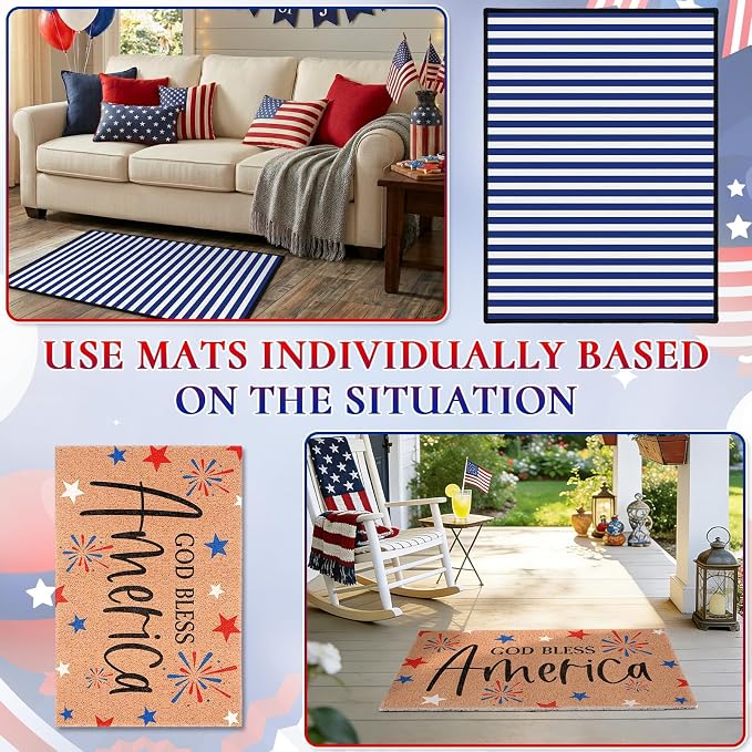 2 Pcs God Bless America Door Mats, 4th of July Patriotic Welcome Mat Non-Slip Coir Doormat with Blue White Stripes, Layered Rug for America 250th Anniversary, Front Porch Entryway Decor