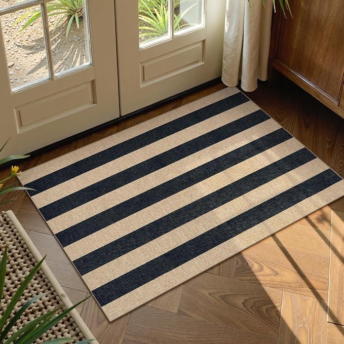 Lahome Striped Easy Jute Front Door Mat, 2x3 Kitchen Outdoor Rug Washable | Indoor Entryway Rugs Black, Modern Farmhouse Neutral Non Slip Non Shedding Small Carpet for Floor Foyer Entrance Patio Porch