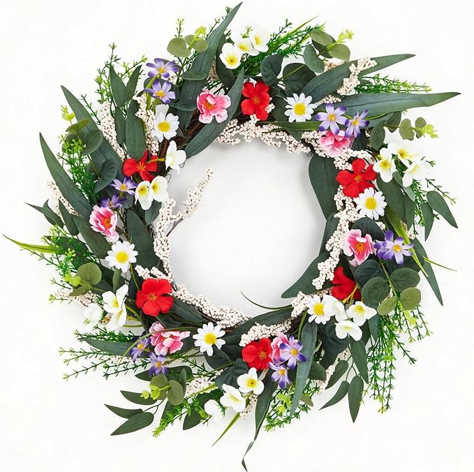 Garvee 20 Inch Artificial Spring Flower Wreath for Front Door | Colorful Floral Door Wreath with Eucalyptus Leaves, Daisies, and Mixed Blooms for Indoor Outdoor Porch Wall Window Home Decor