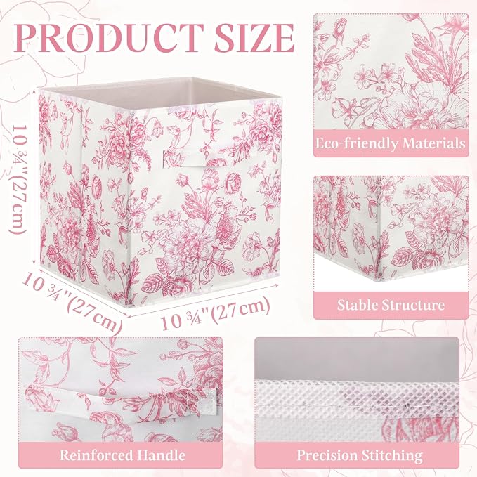 Geelin 6 Pcs Pink Floral Cube Storage Bins 11 Inch Pink Flower Storage Basket with Handle, Preppy Girls Organizer Basket, Collapsible Fabric Box for Classroom Bedrooms Office Home Decoration Gift