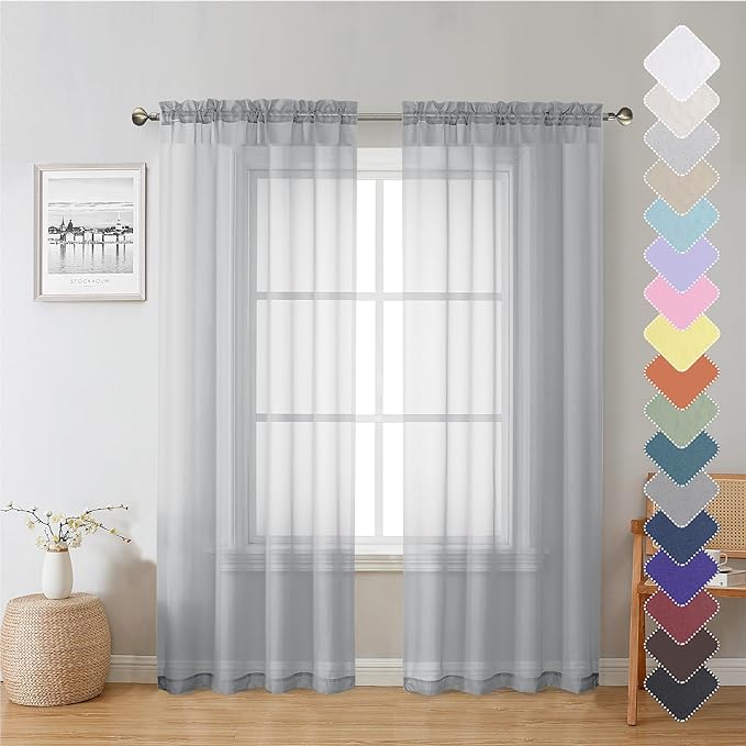 Lecloud Living Room Light Grey Sheer Curtains 72 Inch Long 2 Panels, by Lecloud