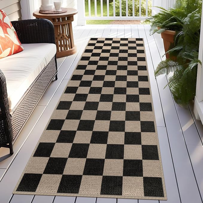Rugalia Easy Jute Checkered Runner Rug, 2.6x8 Black Modern Washable Rugs Runner for Hallway Non-Slip Kitchen Runner Rug, Geometric Checkerboard Indoor Outdoor Carpet for Porch Laundry Entryway