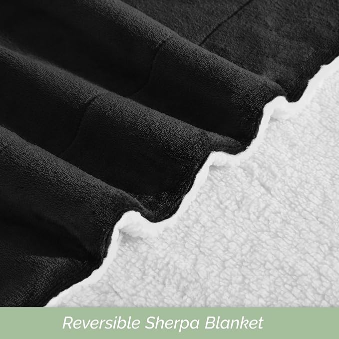 Elegant Comfort Ultra Soft Reversible Flannel Sherpa Blanket - Cozy Silky Fleece Throw for Couch, Bed - Plush Fuzzy Warm Winter Blanket for Gift, Queen, Black